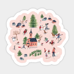 Cute nordic alpine skiing lodge cosy chalet winter landscape scene Sticker